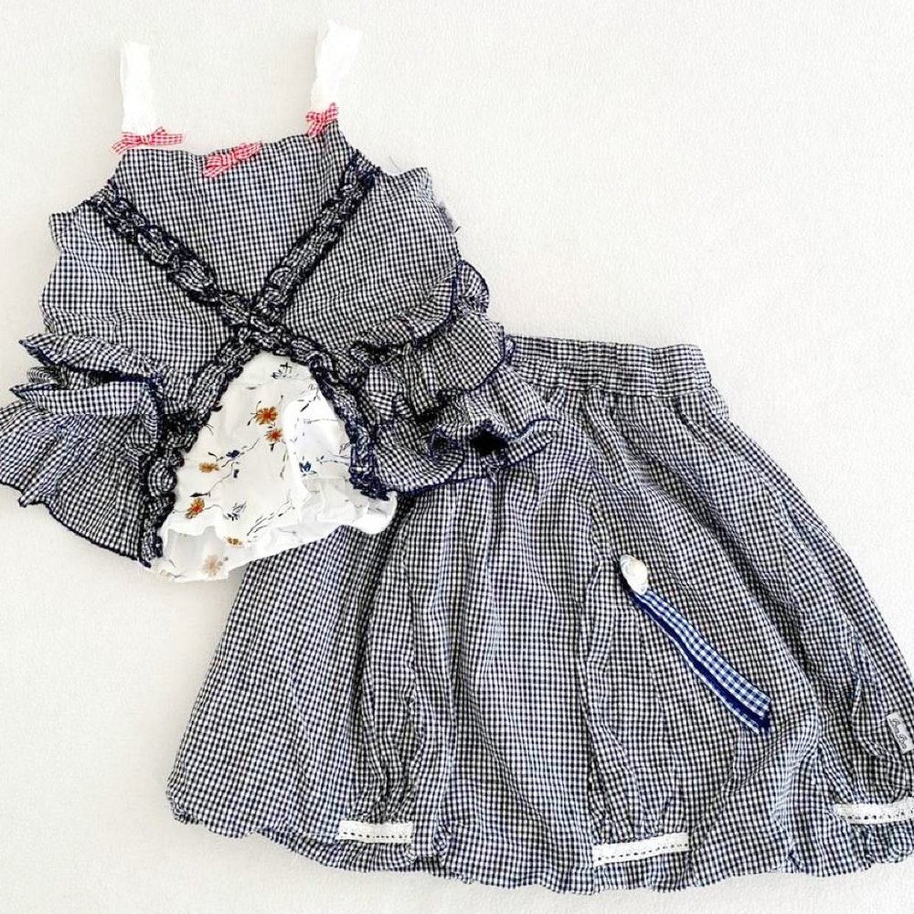 POM POM CASUAL Dutch girls SKIRT Set Black White Check Lace Ruffles 5 6